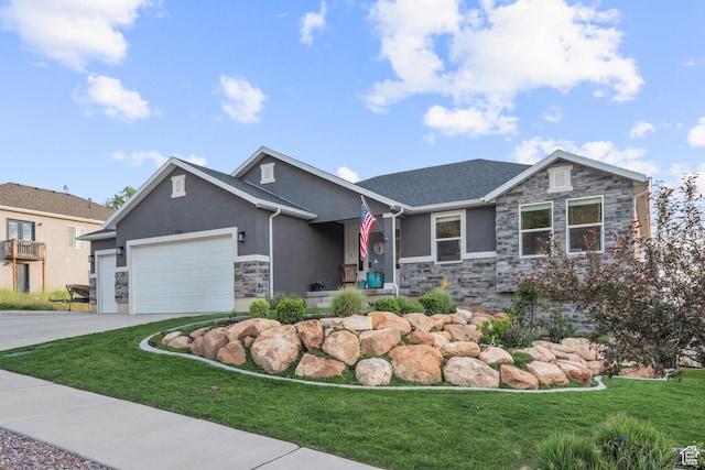 104 S 1250 E, Santaquin, UT 84655 - view of front of home featuring stone siding, stucco siding, an attached garage, and a front lawn