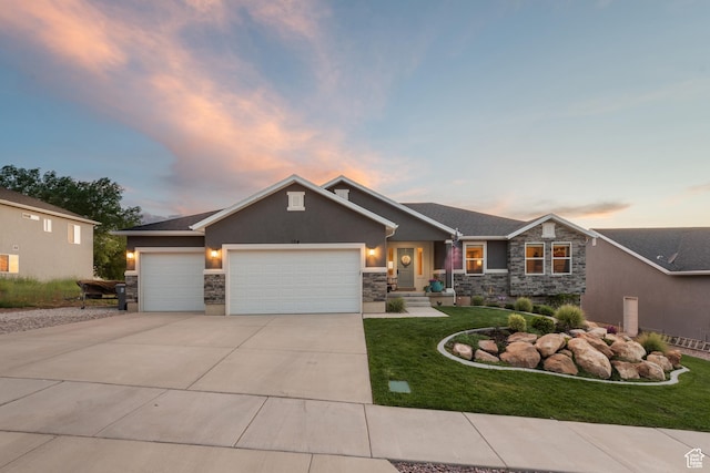 104 S 1250 E, Santaquin, UT 84655 - craftsman house featuring a garage, stone siding, concrete driveway, a front yard, and stucco siding