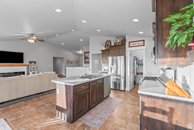 104 S 1250 E, Santaquin, UT 84655 - kitchen with a sink, stainless steel appliances, vaulted ceiling, ceiling fan, and recessed lighting