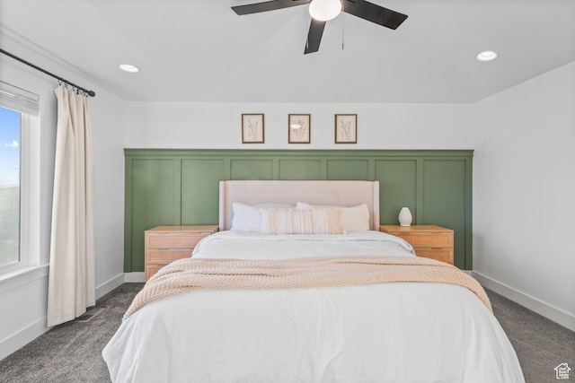 104 S 1250 E, Santaquin, UT 84655 - bedroom with dark colored carpet, ceiling fan, baseboards, and recessed lighting