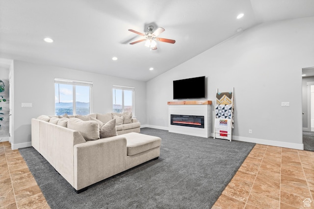 104 S 1250 E, Santaquin, UT 84655 - living room featuring a ceiling fan, recessed lighting, a glass covered fireplace, baseboards, and high vaulted ceiling