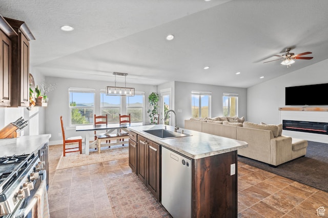 104 S 1250 E, Santaquin, UT 84655 - kitchen featuring a sink, appliances with stainless steel finishes, recessed lighting, ceiling fan, and dark brown cabinetry