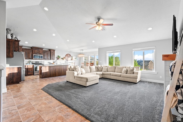 104 S 1250 E, Santaquin, UT 84655 - living room featuring a ceiling fan, recessed lighting, and vaulted ceiling