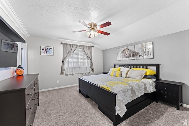 2384 N Nectar Way E, Saratoga Springs, UT 84045 - carpeted bedroom featuring a textured ceiling, baseboards, ceiling fan, and vaulted ceiling