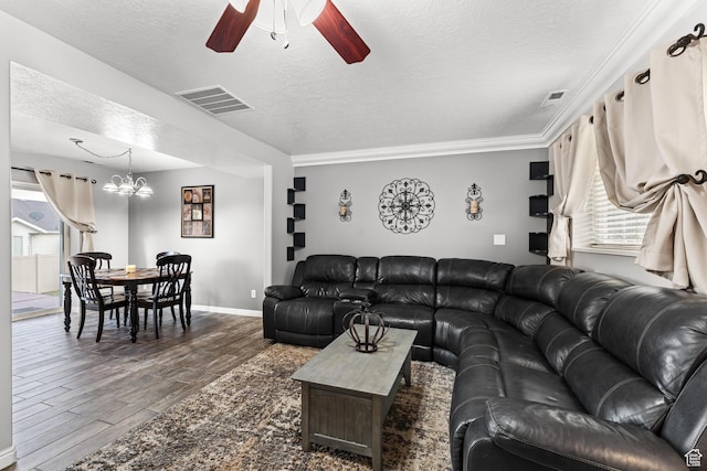 2384 N Nectar Way E, Saratoga Springs, UT 84045 - living area featuring wood finished floors, a textured ceiling, a ceiling fan, a chandelier, and plenty of natural light