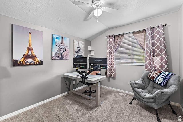 2384 N Nectar Way E, Saratoga Springs, UT 84045 - office area featuring a textured ceiling, a ceiling fan, vaulted ceiling, carpet, and baseboards