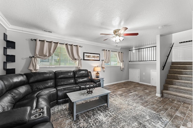 2384 N Nectar Way E, Saratoga Springs, UT 84045 - living room with stairway, ceiling fan, crown molding, a textured ceiling, and baseboards