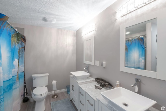 491 Travertine Way, Santaquin, UT 84655 - bathroom featuring double vanity, a textured ceiling, wood finished floors, toilet, and a shower with curtain