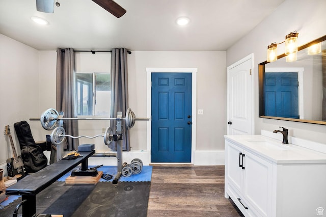 10205 W 10400 N, Tremonton, UT 84337 - exercise room with a sink, dark wood-style floors, a ceiling fan, recessed lighting, and baseboards