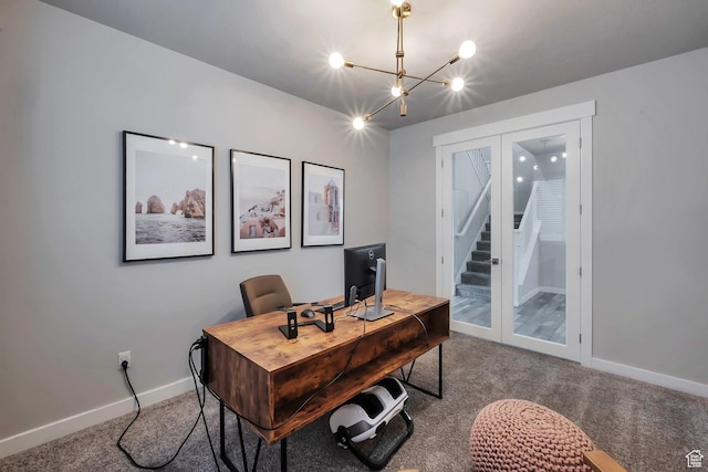 945 W Mckenna Rd, Bluffdale, UT 84065 - office featuring carpet flooring, baseboards, french doors, and a chandelier