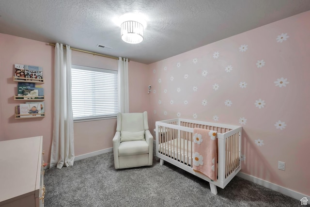 945 W Mckenna Rd, Bluffdale, UT 84065 - bedroom featuring a textured ceiling, carpet floors, baseboards, a crib, and wallpapered walls