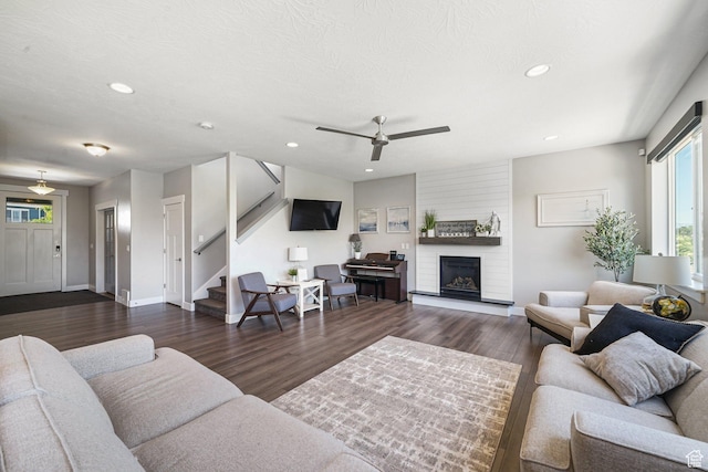 149 E 230 N, Vineyard, UT 84059 - living room with wood finished floors, stairway, recessed lighting, a large fireplace, and ceiling fan