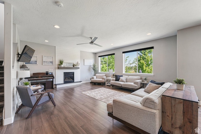 149 E 230 N, Vineyard, UT 84059 - living area with recessed lighting, dark wood-type flooring, stairs, a textured ceiling, and a ceiling fan