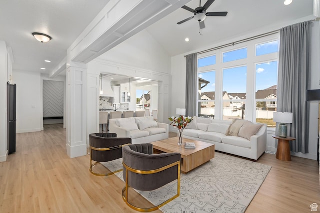 648 W 400 N, Mapleton, UT 84664 - living area featuring a ceiling fan, light wood finished floors, high vaulted ceiling, recessed lighting, and baseboards