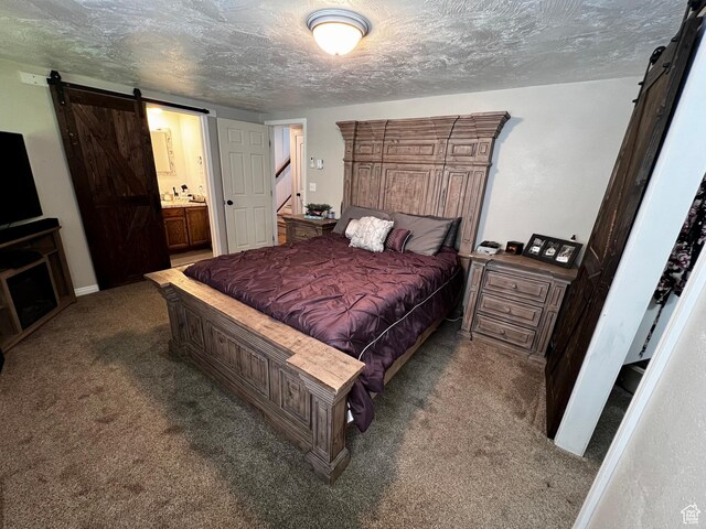 130 Cascade Quey St, Soda Springs, ID 83276 - bedroom featuring carpet floors, a barn door, a textured ceiling, and ensuite bath