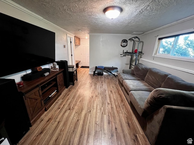 130 Cascade Quey St, Soda Springs, ID 83276 - living room featuring light wood-type flooring, crown molding, and a textured ceiling