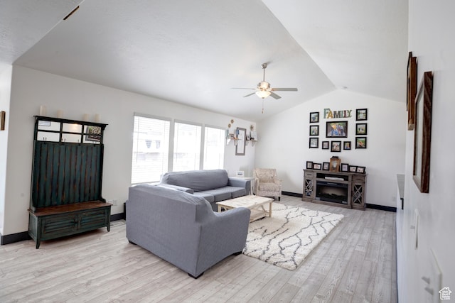 343 W Deer Creek Trl, Salem, UT 84653 - living area featuring ceiling fan, lofted ceiling, light wood-type flooring, and baseboards