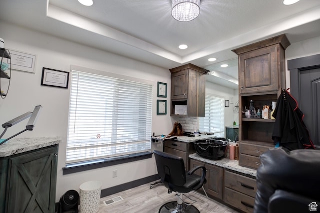 343 W Deer Creek Trl, Salem, UT 84653 - office featuring recessed lighting, healthy amount of natural light, light wood-type flooring, baseboards, and a tray ceiling