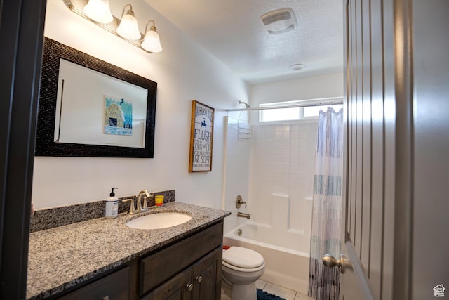 343 W Deer Creek Trl, Salem, UT 84653 - full bath featuring toilet, vanity, shower / bathtub combination with curtain, a textured ceiling, and tile patterned flooring
