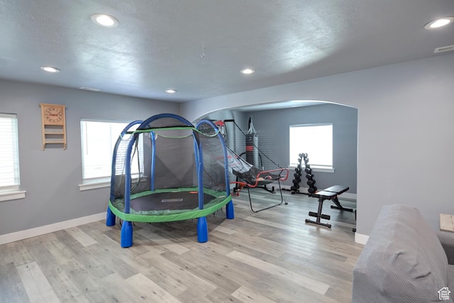343 W Deer Creek Trl, Salem, UT 84653 - playroom with recessed lighting, arched walkways, baseboards, and wood finished floors