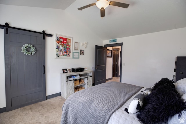 343 W Deer Creek Trl, Salem, UT 84653 - bedroom featuring lofted ceiling, light carpet, a barn door, ceiling fan, and baseboards
