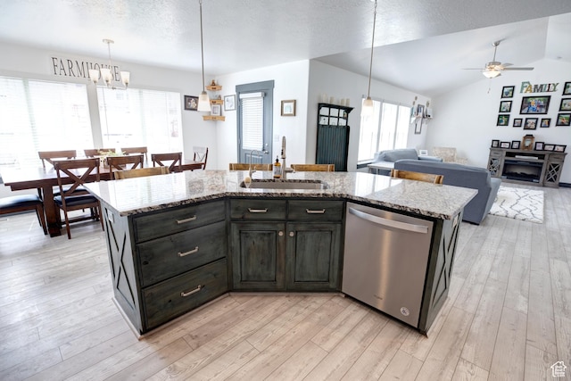 343 W Deer Creek Trl, Salem, UT 84653 - kitchen with dishwasher, a sink, a ceiling fan, light wood-type flooring, and lofted ceiling