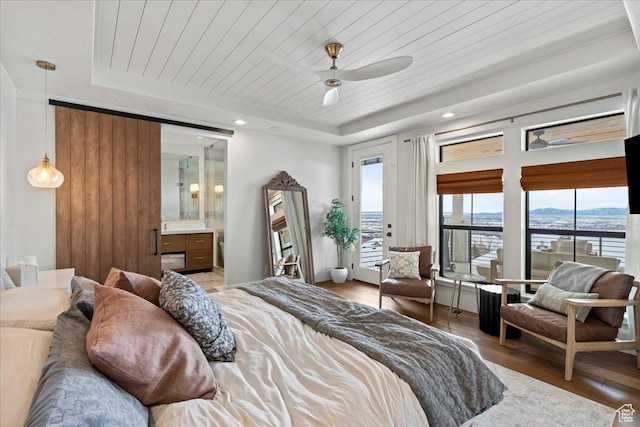 3651 N 200 E, North Ogden, UT 84414 - bedroom with a tray ceiling, wood finished floors, wooden ceiling, and ensuite bath