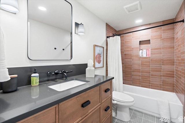 3651 N 200 E, North Ogden, UT 84414 - full bath featuring tile patterned flooring, toilet, vanity, shower / tub combo with curtain, and recessed lighting