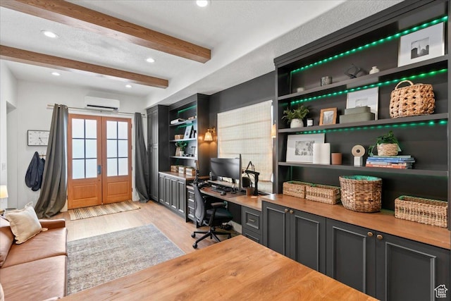 3651 N 200 E, North Ogden, UT 84414 - office featuring french doors, light wood-type flooring, beamed ceiling, a wall mounted air conditioner, and recessed lighting