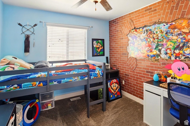 5186 W Hedgerose Dr S, Herriman, UT 84096 - carpeted bedroom with brick wall, baseboards, and a ceiling fan