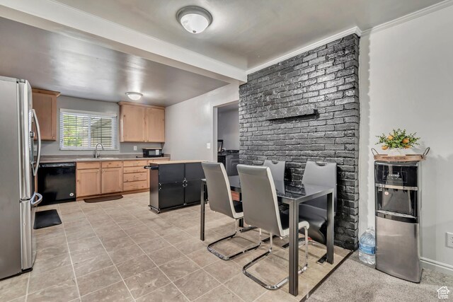3067 W Lemay Ave S, West Valley City, UT 84119 - kitchen with light brown cabinets, black appliances, light countertops, light tile patterned floors, and a sink