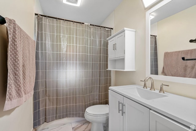 4589 S Trojan Dr, West Valley City, UT 84120 - full bath featuring marble finish flooring, vanity, toilet, and a shower with curtain