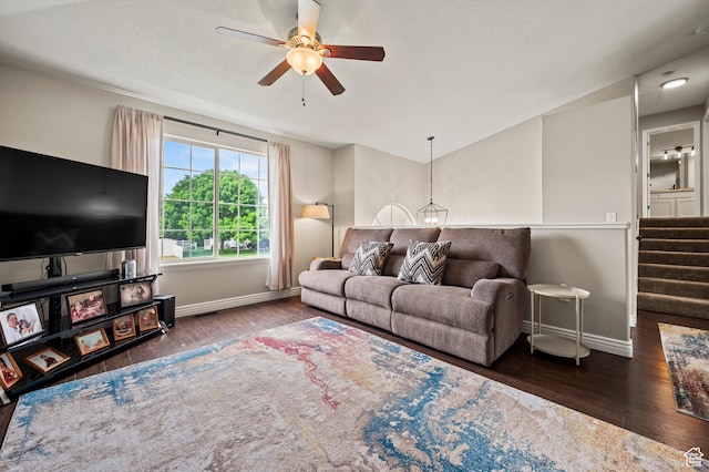 679 W 3600 S, Riverdale, UT 84405 - living room featuring baseboards, wood finished floors, a ceiling fan, and stairway