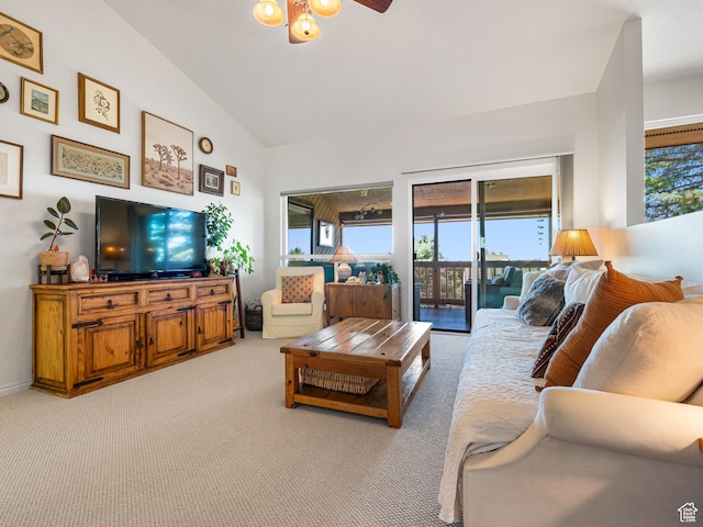4968 S Partridge Way E, Ogden, UT 84403 - living area featuring lofted ceiling, light carpet, and ceiling fan