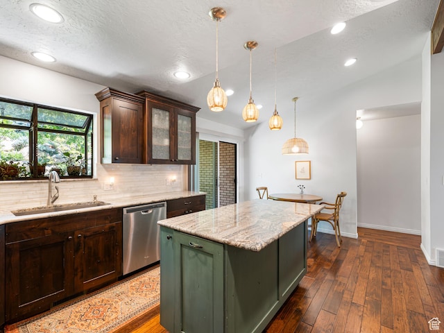 4968 S Partridge Way E, Ogden, UT 84403 - kitchen with stainless steel dishwasher, a sink, green cabinets, tasteful backsplash, and dark wood-type flooring