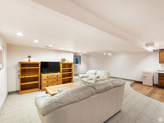 4968 S Partridge Way E, Ogden, UT 84403 - living area featuring light carpet, baseboards, and recessed lighting
