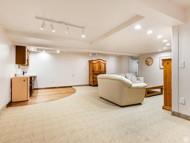 4968 S Partridge Way E, Ogden, UT 84403 - living area with light carpet, track lighting, baseboards, and recessed lighting