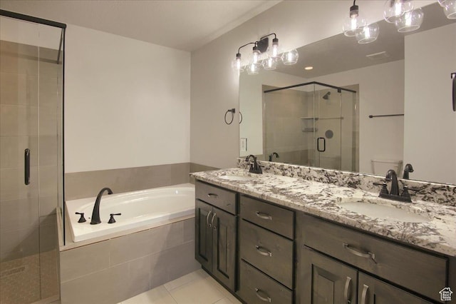 4016 W 625 S, West Point, UT 84015 - bathroom featuring double vanity, a stall shower, a bath, and tile patterned floors