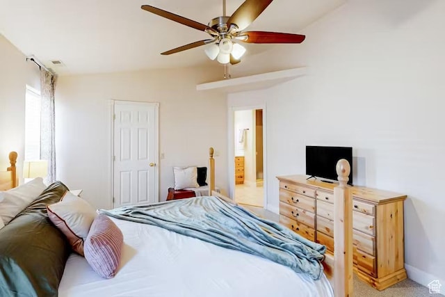 1096 S Bentley Blvd, Cedar City, UT 84720 - bedroom with baseboards, connected bathroom, ceiling fan, and light carpet