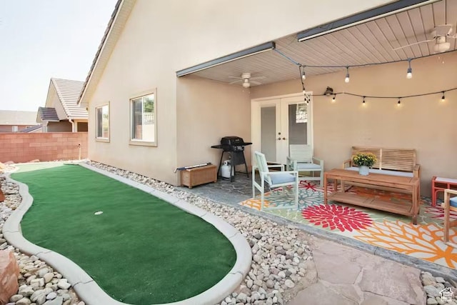 1096 S Bentley Blvd, Cedar City, UT 84720 - view of patio / terrace with french doors, a grill, ceiling fan, and a putting area
