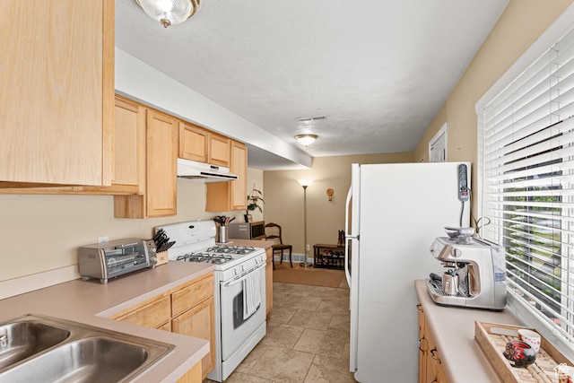11770 S Dry Creek Rd, Sandy, UT 84094 - kitchen featuring white appliances, under cabinet range hood, light brown cabinetry, and light countertops