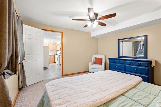 11770 S Dry Creek Rd, Sandy, UT 84094 - bedroom featuring baseboards, freestanding refrigerator, light colored carpet, and ceiling fan