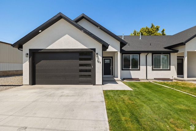 387 N 300 E, Payson, UT 84651 - single story home with stucco siding, a garage, driveway, a front lawn, and roof with shingles