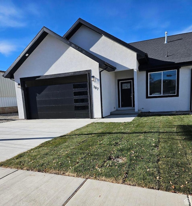 387 N 300 E, Payson, UT 84651 - ranch-style house with an attached garage, stucco siding, a front yard, and driveway
