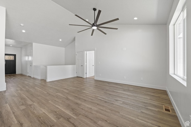 387 N 300 E, Payson, UT 84651 - unfurnished living room featuring ceiling fan, wood finished floors, recessed lighting, and vaulted ceiling