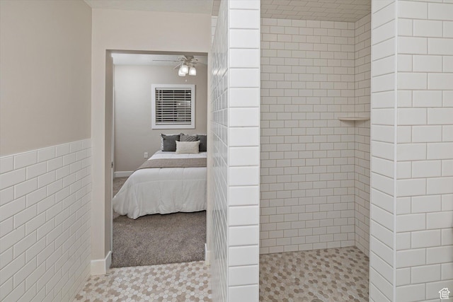 1697 S 3200 W, Logan, UT 84321 - ensuite bathroom featuring a tile shower, ceiling fan, and tile walls