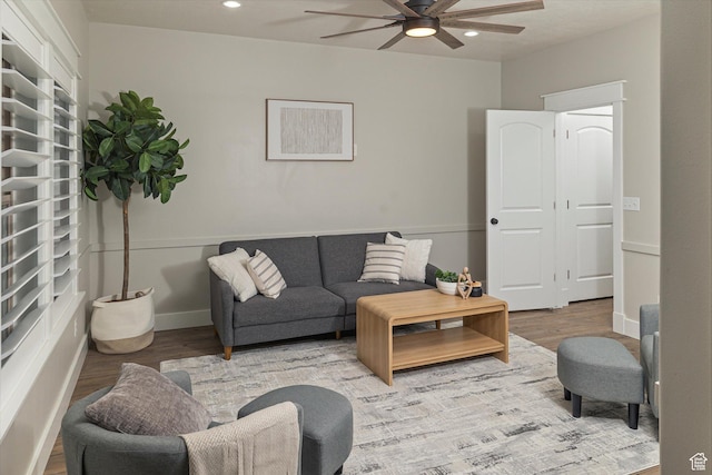 1697 S 3200 W, Logan, UT 84321 - living area with a ceiling fan, wood finished floors, and recessed lighting