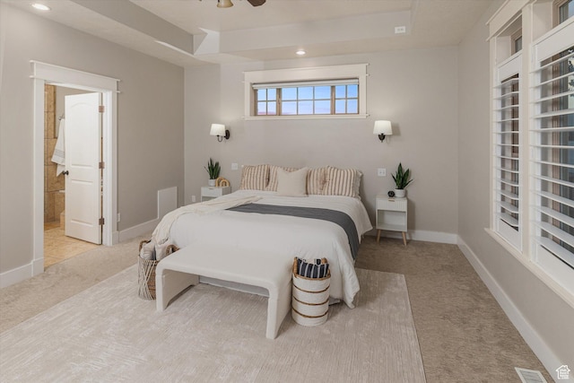 1697 S 3200 W, Logan, UT 84321 - carpeted bedroom with a raised ceiling, ensuite bath, baseboards, recessed lighting, and ceiling fan