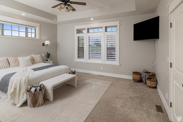 1697 S 3200 W, Logan, UT 84321 - bedroom featuring carpet, baseboards, a tray ceiling, recessed lighting, and a ceiling fan