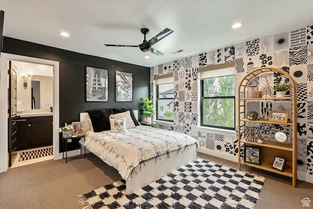 144 E 150 N, Vineyard, UT 84059 - bedroom with light carpet, recessed lighting, connected bathroom, a ceiling fan, and baseboards